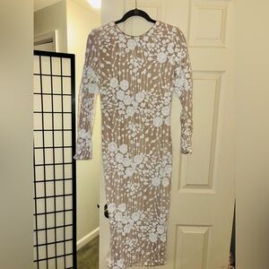 Dress the Population Emery Midi Dress - White/Nude, Size L, Unworn